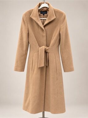 Linda Richards Luxury Camel Wool Angora Belted Long Coat Italian Fabric Sz 4